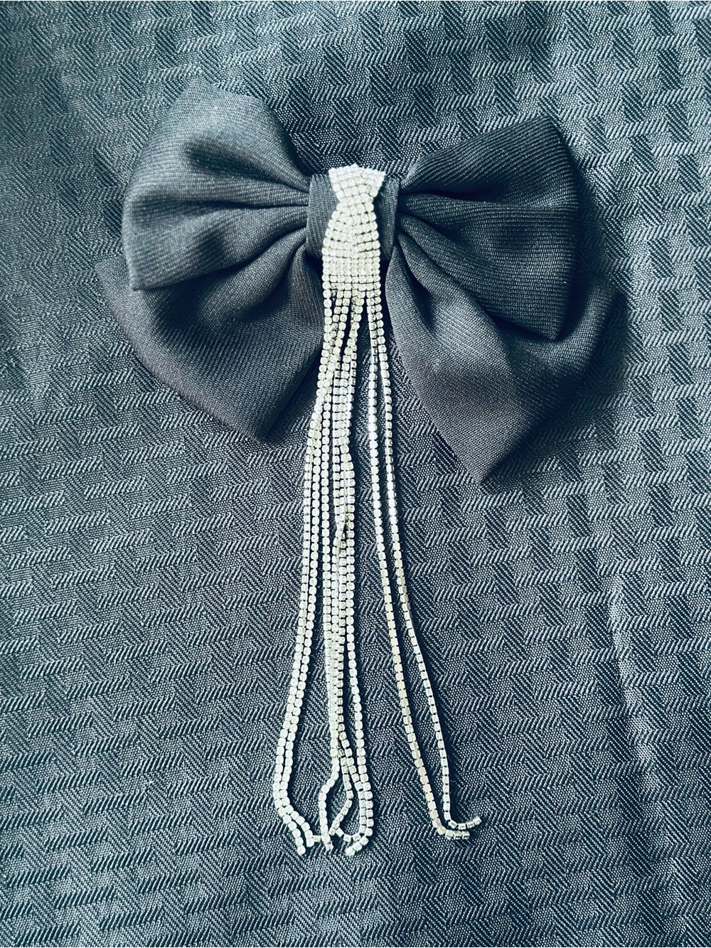 Black Fabric Bow Hair Clip with Rhinestone Tassels